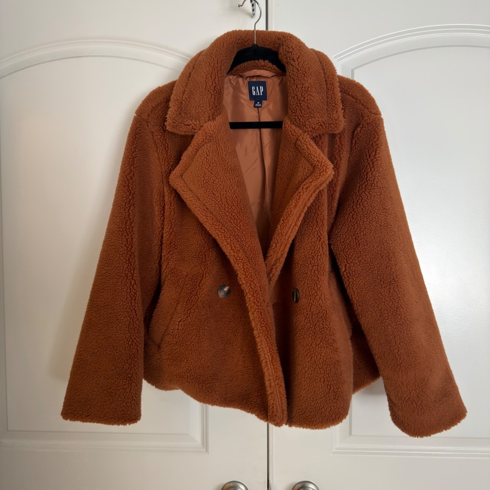 Gap Womens Burnt Orange Sherpa Teddy Coat Double Breasted Faux Fur Jacket Size M